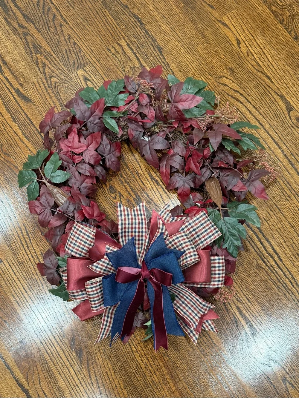 Seasonal Burgundy and Green Wreath with Ribbon Bow